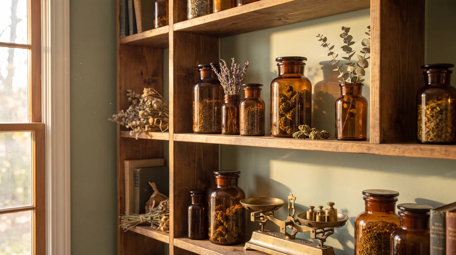 Curated apothecary shelf of cannabis jars and botanicals at Sage Seeds
