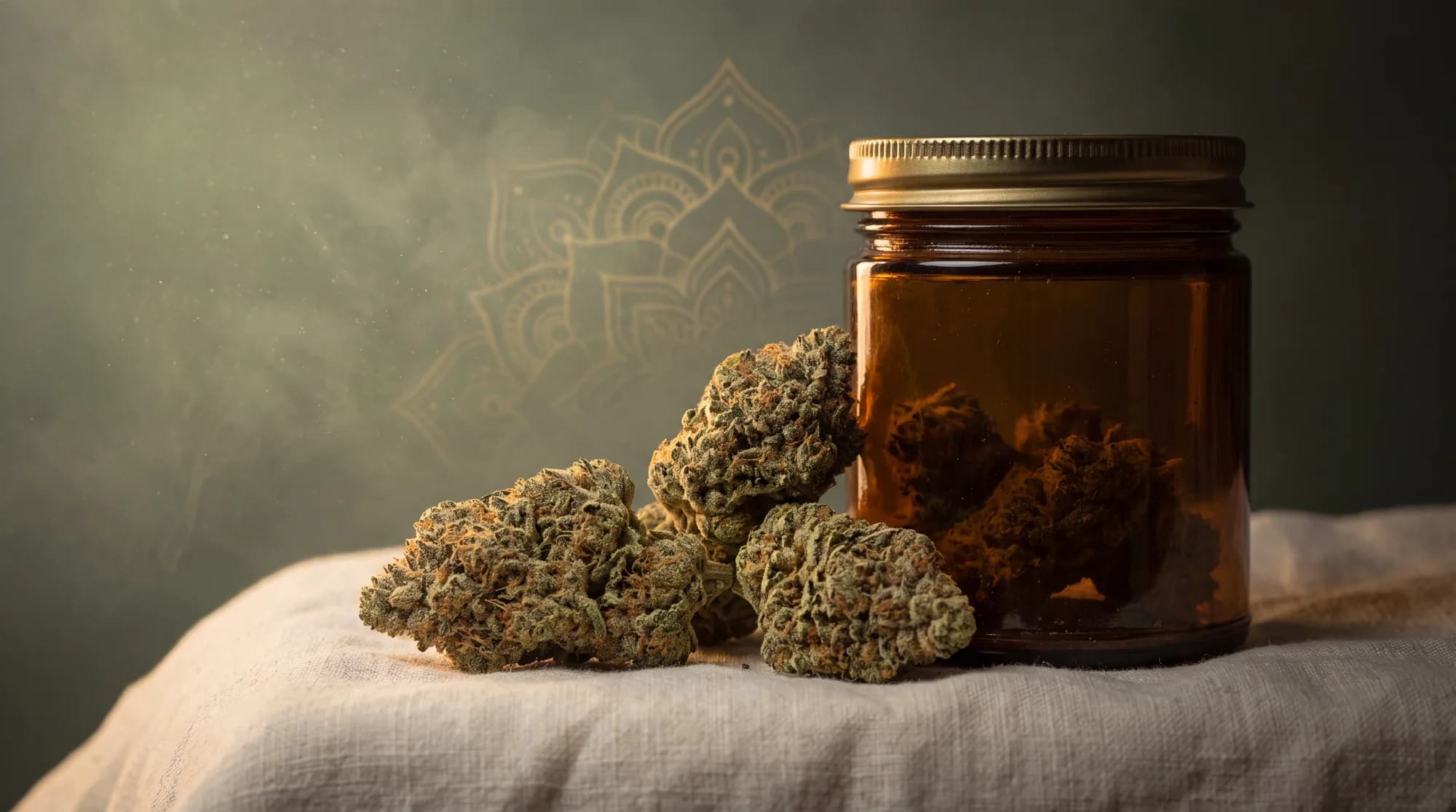 Premium New York-grown cannabis flower in an amber apothecary jar at Sage Seeds dispensary in Bellerose, Queens